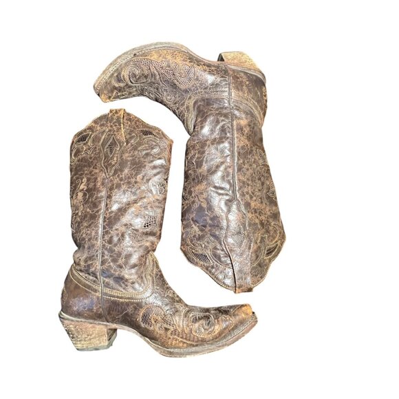 Corral Cowboy Boots Brown Exotic Goat Lizard Inlay Leather Pointed Snip Toe 8.5M - Picture 5 of 15